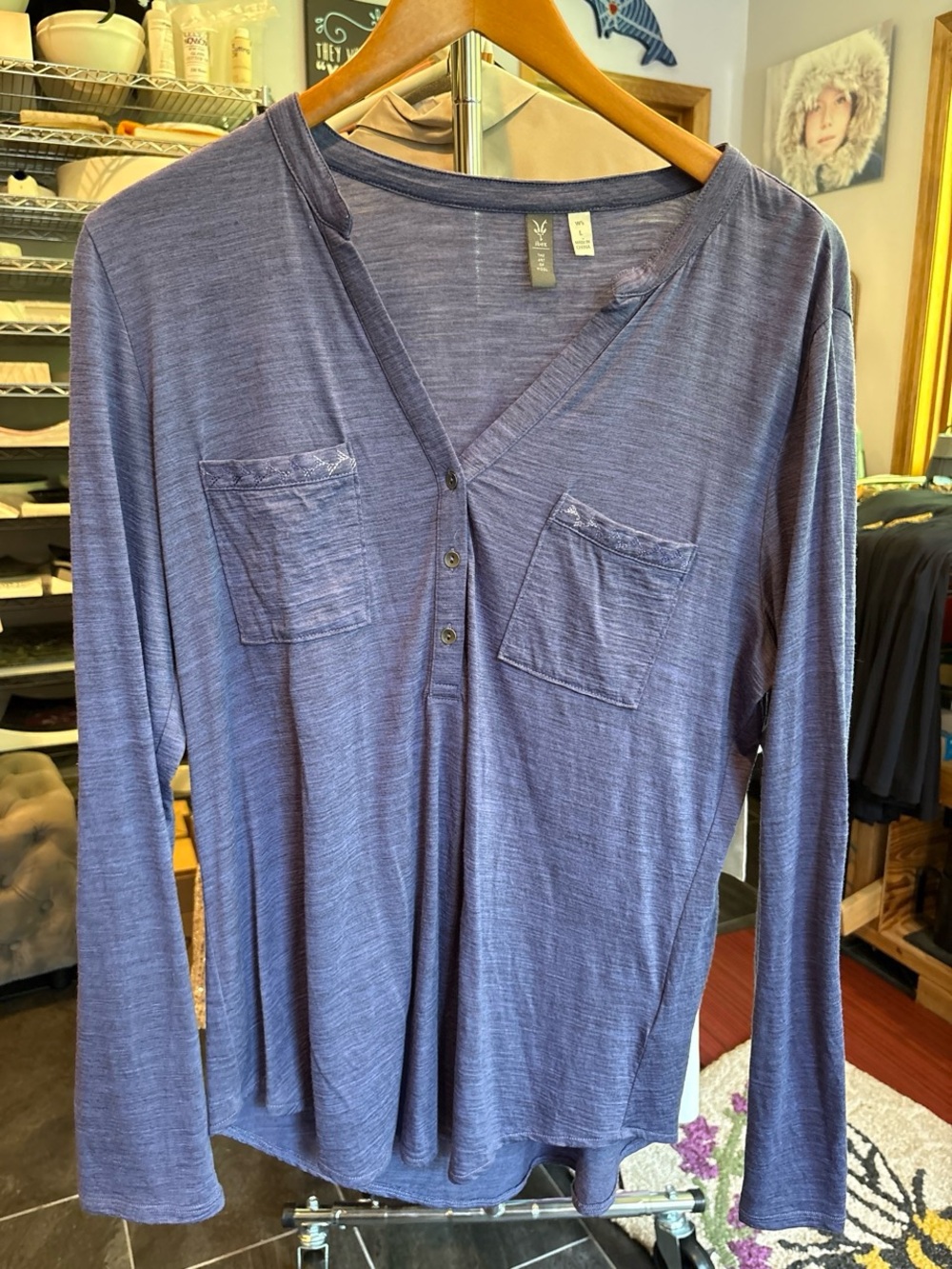 ibex Lightweight Long-Sleeve Henley Top in Heathered Blue